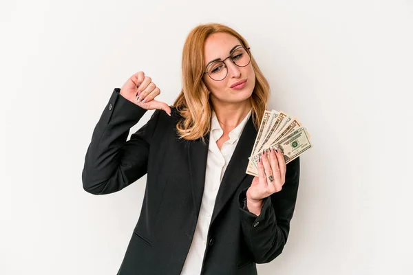 Young Business Caucasian Woman Holding Banknotes Isolated White Background Feels — 图库照片