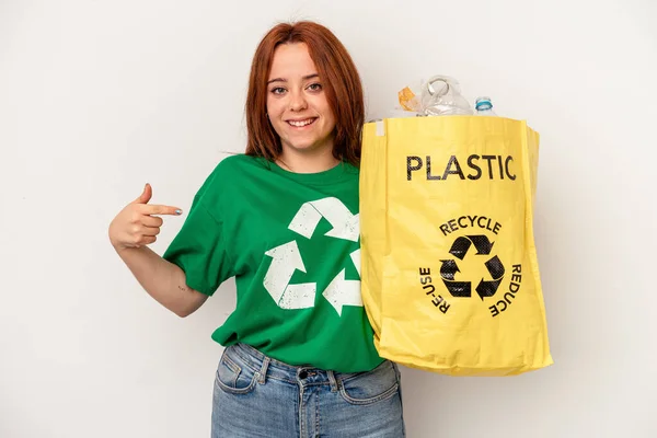 Young Caucasian Woman Recycled Plastic Isolated White Background Person Pointing — 图库照片