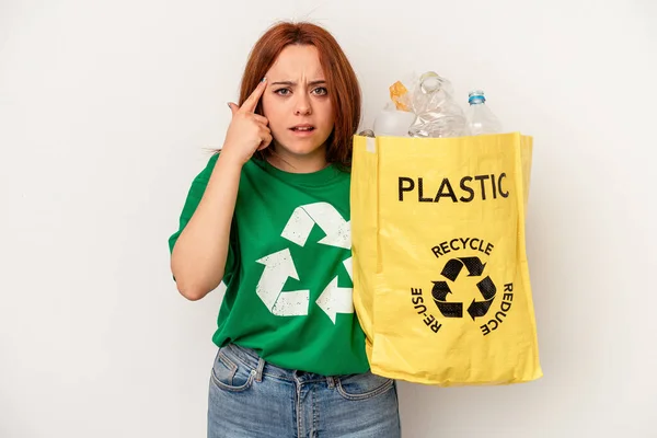 Young Caucasian Woman Recycled Plastic Isolated White Background Showing Disappointment — Stockfoto