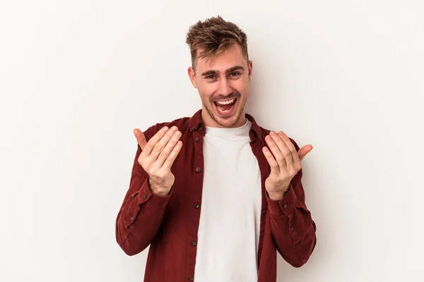 Young Caucasian Man Isolated White Background Pointing Finger You Inviting — Stock Photo, Image