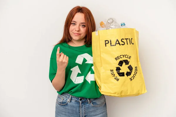 Young Caucasian Woman Recycled Plastic Isolated White Background Pointing Finger — Stockfoto