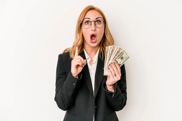 Young Business Caucasian Woman Holding Banknotes Isolated White Background Pointing — 스톡 사진