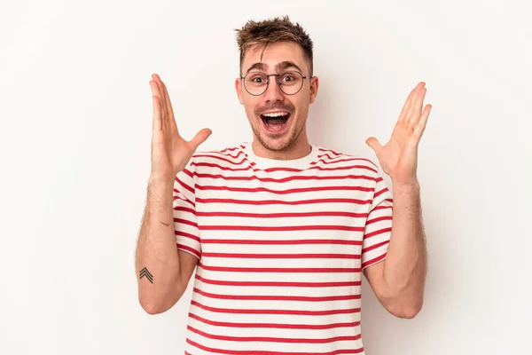 Young Caucasian Man Isolated White Background Celebrating Victory Success Surprised — Stock Photo, Image