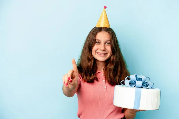 Little Caucasian Girl Celebrating Her Birthday Holding Cake Isolated Blue — 스톡 사진