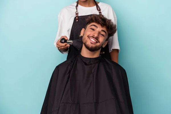 Young Arab Man Ready Get Haircut Isolated Blue Background — Stock Photo, Image