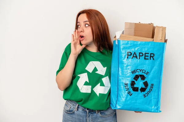 Young Caucasian Woman Recycled Paper Isolated White Background Saying Secret — ストック写真