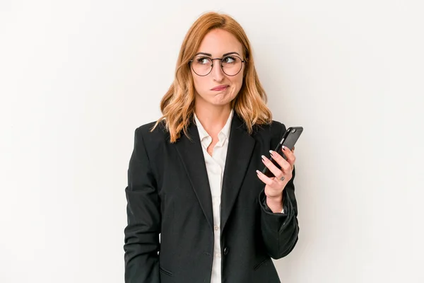 Young Business Caucasian Woman Holding Mobile Phone Isolated White Background — Stok fotoğraf