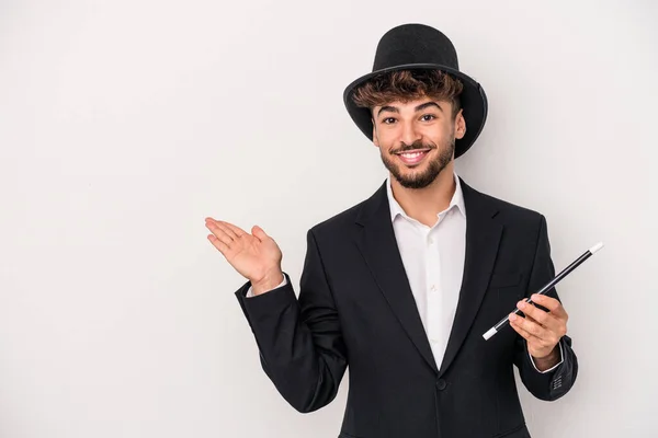 Young Arab Wizard Man Holding Wand Isolated White Background Showing — Stock Photo, Image