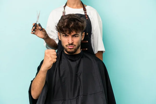 Young Arab Man Ready Get Haircut Isolated Blue Background Showing — Stock Photo, Image