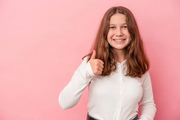 Little Caucasian Girl Isolated Pink Background Smiling Raising Thumb — Stock Photo, Image