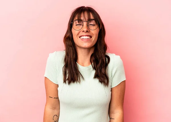 Young Argentinian Woman Isolated Pink Background Laughs Closes Eyes Feels — 스톡 사진