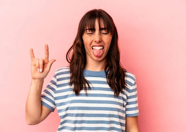 Young Argentinian Woman Isolated Pink Background Showing Rock Gesture Fingers —  Fotos de Stock