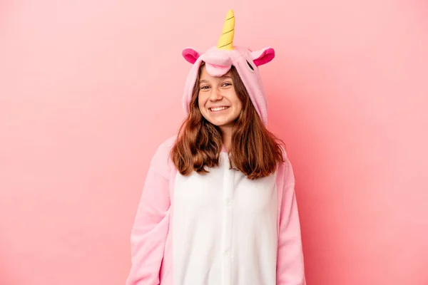 Little Caucasian Girl Wearing Unicorn Pajama Isolated Pink Background Happy — Stock Photo, Image