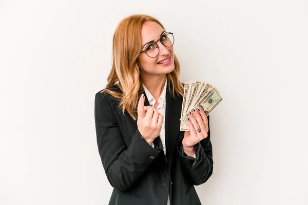 Young Business Caucasian Woman Holding Banknotes Isolated White Background Pointing — 图库照片