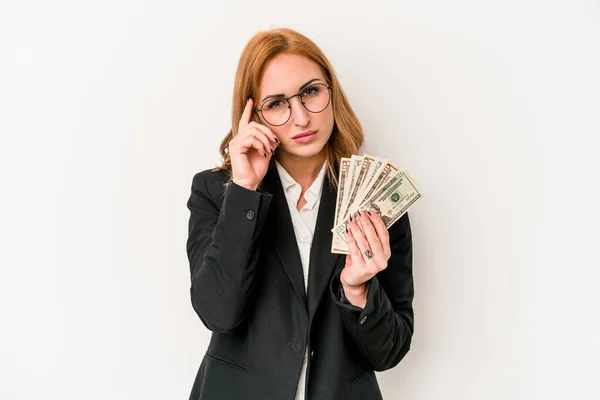 Young Business Caucasian Woman Holding Banknotes Isolated White Background Pointing — Stok fotoğraf