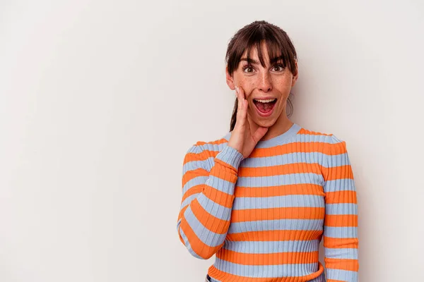 Young Argentinian Woman Isolated White Background Shouts Loud Keeps Eyes — Foto de Stock