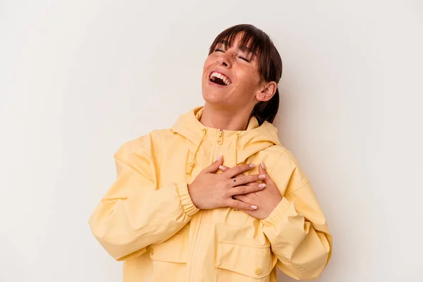 Giovane Donna Argentina Isolata Sfondo Bianco Ridere Tenendo Mani Sul — Foto Stock