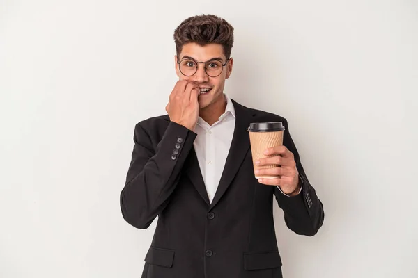Unga Företag Kaukasiska Mannen Håller Bort Kaffe Isolerad Vit Bakgrund — Stockfoto