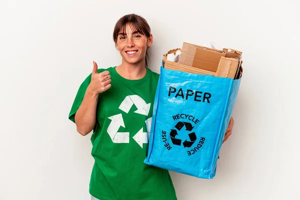 Young Argentinian Woman Recycled Paper Isolated Yellow Background Smiling Raising — Stock Photo, Image