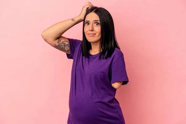 Young Pregnant Woman One Arm Isolated Pink Background Being Shocked — Stock Photo, Image