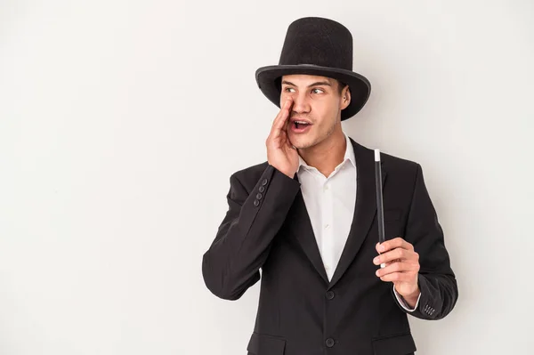 Young Magician Caucasian Man Holding Wand Isolated White Background Saying — Stock Photo, Image