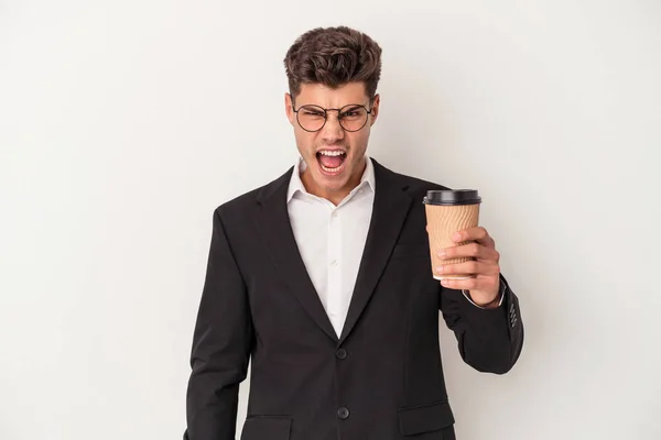 Junge Geschäft Kaukasischen Mann Hält Take Away Kaffee Isoliert Auf — Stockfoto
