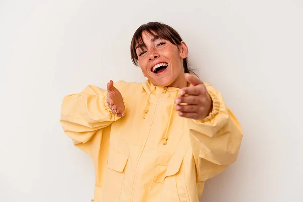 Young Argentinian Woman Isolated White Background Feels Confident Giving Hug — ストック写真