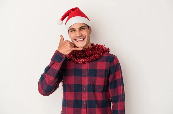 Junger Kaukasischer Mann Feiert Weihnachten Isoliert Auf Weißem Hintergrund Und — Stockfoto