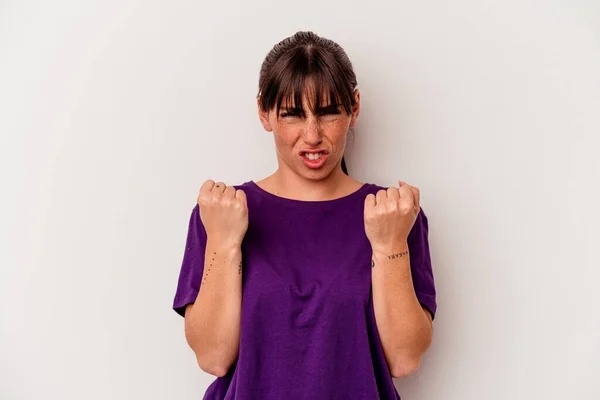 Young Argentinian Woman Isolated White Background Upset Screaming Tense Hands — Stock Photo, Image