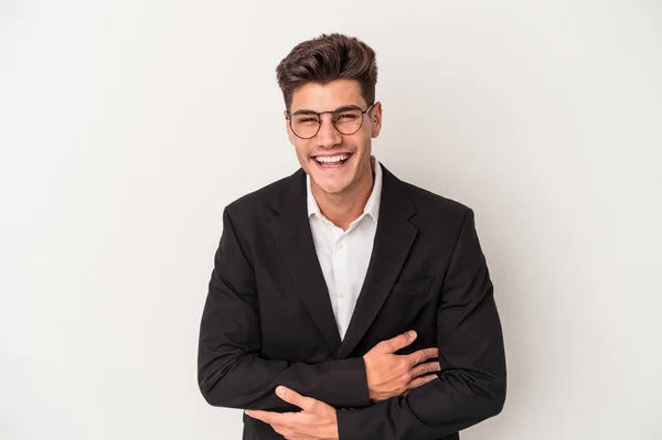 Jong Bedrijf Kaukasische Man Geïsoleerd Witte Achtergrond Lachen Plezier Hebben — Stockfoto