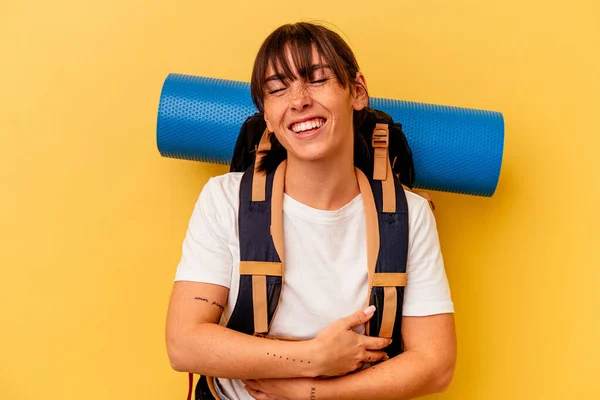 Young Argentinian Hiker Woman Isolated Yellow Background Laughing Having Fun — Photo