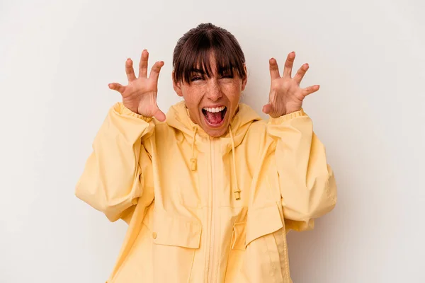 Young Argentinian Woman Isolated White Background Showing Claws Imitating Cat — Foto de Stock