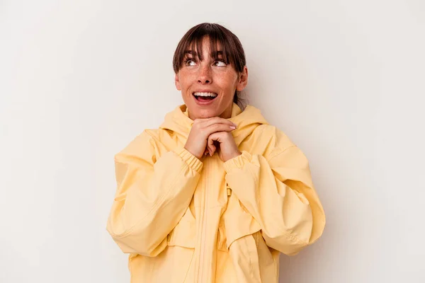 Young Argentinian Woman Isolated White Background Praying Luck Amazed Opening — Foto de Stock