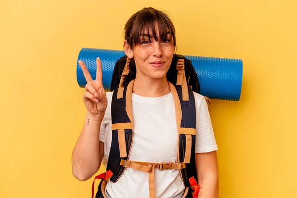 Young Argentinian Hiker Woman Isolated Yellow Background Showing Number Two — Photo