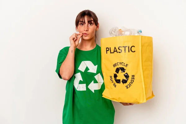 Young Argentinian Woman Recycled Plastic Isolated White Background Fingers Lips —  Fotos de Stock