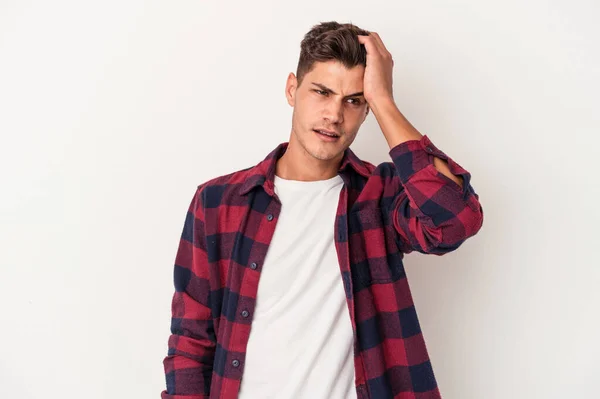 Joven Hombre Caucásico Aislado Sobre Fondo Blanco Cansado Muy Somnoliento —  Fotos de Stock