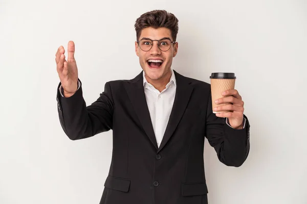 Junge Geschäft Kaukasischen Mann Mit Take Away Kaffee Isoliert Auf — Stockfoto