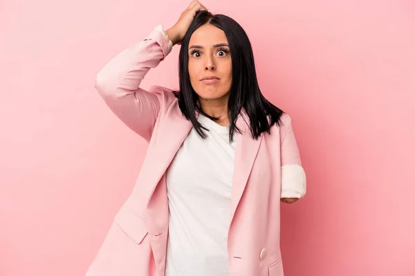 Young Caucasian Woman One Arm Isolated Pink Background Being Shocked — Stock Photo, Image