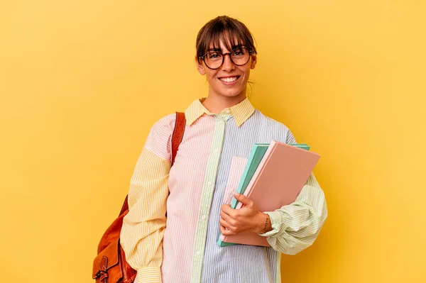 Young Student Argentinian Woman Isolated Yellow Background Happy Smiling Cheerful — 스톡 사진