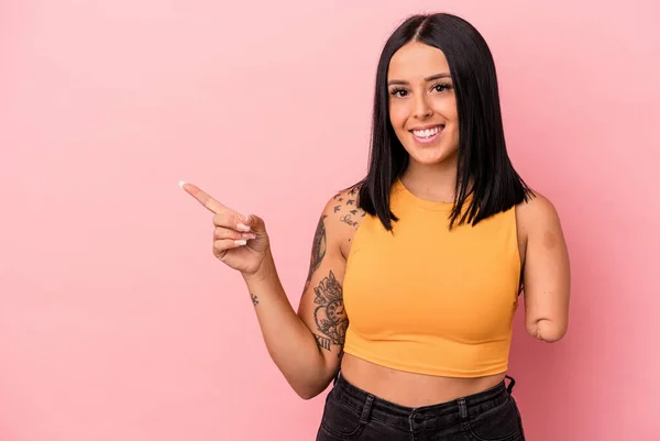 Young Caucasian Woman One Arm Isolated Pink Background Smiling Pointing — Stock Photo, Image