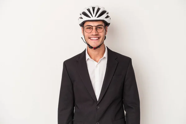 Unga Företag Kaukasiska Man Håller Cykel Hjälm Isolerad Vit Bakgrund — Stockfoto