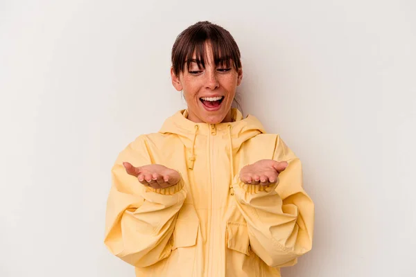 Young Argentinian Woman Isolated White Background Holding Something Palms Offering — Photo