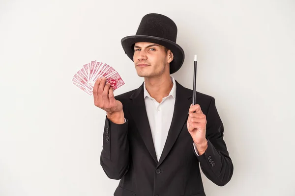 Young Magician Caucasian Man Holding Magic Cards Isolated White Background — Stock Photo, Image