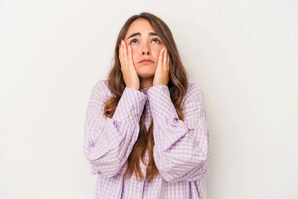 Joven Mujer Caucásica Aislada Sobre Fondo Blanco Llorando Infeliz Con —  Fotos de Stock