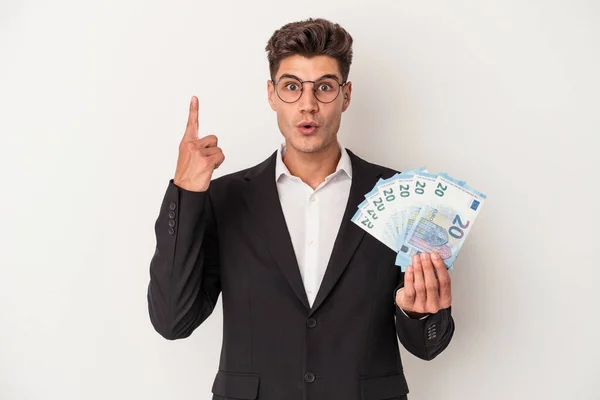 Young Business Caucasian Man Holding Banknotes Isolated White Background Having — Stock Photo, Image