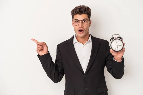 Young Business Caucasian Man Holding Alarm Clock Isolated White Background — Stock Photo, Image
