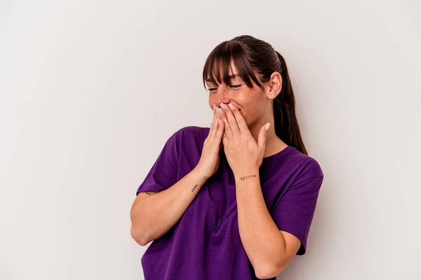 Young Argentinian Woman Isolated White Background Laughing Something Covering Mouth — ストック写真
