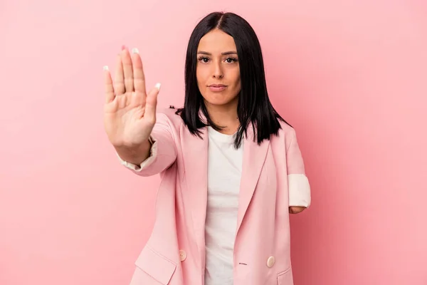 Young Caucasian Woman One Arm Isolated Pink Background Standing Outstretched — Stock Photo, Image