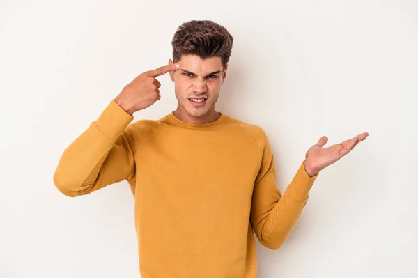 Young Caucasian Man Isolated White Background Showing Disappointment Gesture Forefinger — Stock Photo, Image