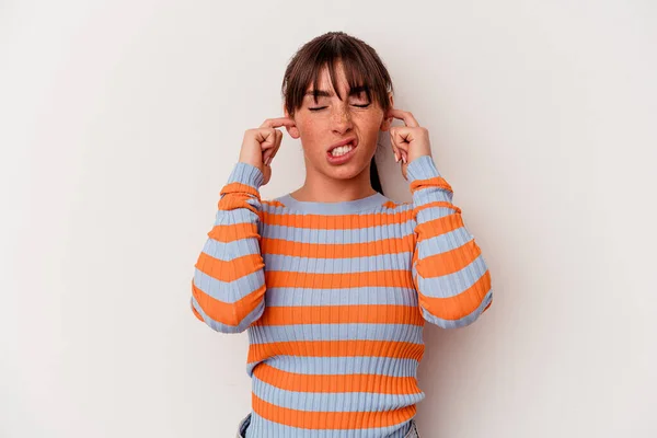 Young Argentinian Woman Isolated White Background Covering Ears Fingers Stressed — Stock Photo, Image